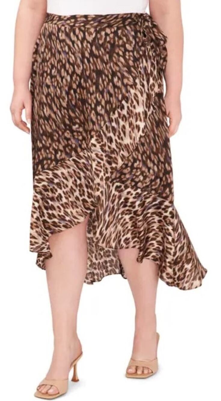 Vince Camuto skirt leopard print side ruffle hem satin a-line midi size 1X